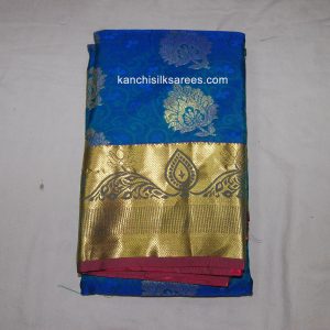 Kanjivaram Soft Silk Sarees Lotus and Flower Design Dark Cerulean w/ Siren Red Color