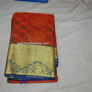 Kanchipuram Soft Silk Sarees Mango and Lotus Flower Design Fire Brick Orange w/ Admiral Blue Color