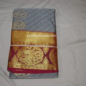 Kanchi Soft Silk Sarees Peacock and Veena Design Mid Grey w/ Claret Red Color