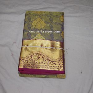 Kanchi Soft Silk Sarees Peacock and Mango Flower Design Mustard Yellow w/ Pompadour Purple Color