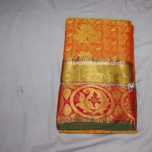 Kanjivaram Soft Silk Sarees Mango and Flower Design Ochre orange w/ Fire Brick Red Color