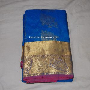 Kanchi Soft Pattu Sarees Sweet Corn and Flower Design Smalt Blue w/ Flirt Rose Color