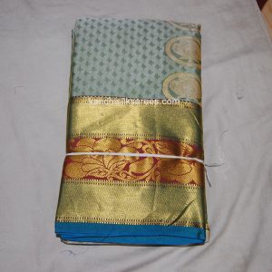 Kanchi Soft Pattu Sarees Mango Flower Design Spanish Green w/ Dark Cerulean Blue Color