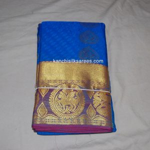 Kanchi Soft Silk Sarees Flower and Horse Design Cobalt Blue w/ Flirt Pink Color