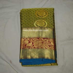 Kanchi Soft Silk Sarees Mango and Leaves Design Costa Del Sol Green w/ Prussian Blue Color
