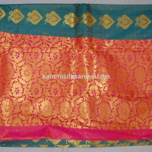 Kanchipuram Soft Silk Sarees Flower Design Dark Green Copper Color
