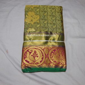Kanchi Soft Silk Sarees Mango and Peacock Design Fawn w/ Green & Pink Color