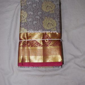 Kanjivaram Soft Silk Sarees Flower Design Pewter Gray w/ Kumkum Color