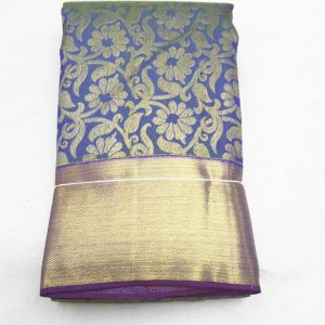 Kanchi Pure Silk Sarees Flower Design Dark Berry Blue Color and Full Zari Work