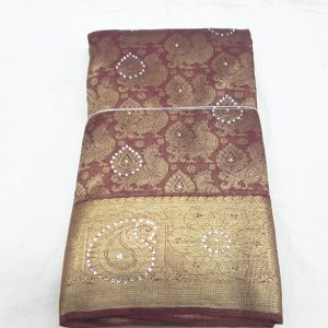Kanchi Pure Silk Sarees Stone Work Annam and Flower Design Dark Chocolate Color Zari Border