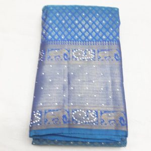 Kanchi Pure Silk Stone Work Sarees Annam and Elephant Design Denim Blue Color