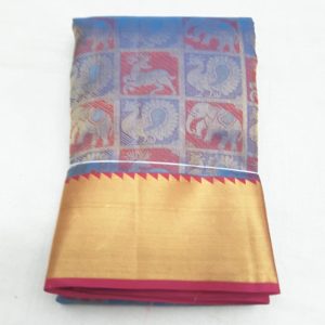 Kanchi Handloom Pure Silk Sarees Annam, Elephant and Deer Design Ink Blue Color Gold Zari