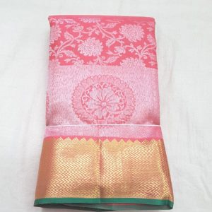Kanchi Pure Silk Sarees Flower Design Rose w/ Green Border Color Gold and White Zari