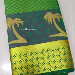 Trendy Kanjivaram Gift Silk Sarees Coconut Tree Design Green Color