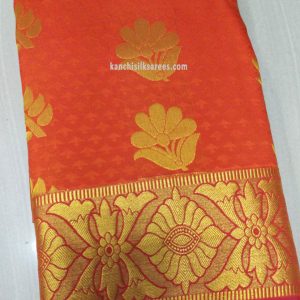 Kanchipuram Gift Silk Sarees Flower Design Orange Color