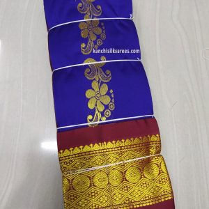 One Side Border Kanchipuram Gift Silk Sarees Flower Design Ink Blue w/ Jam Red Color