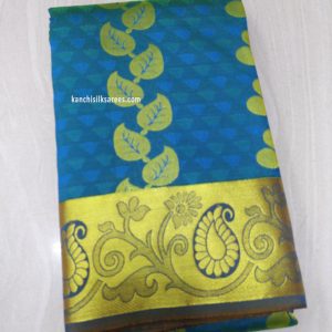 Kanchipuram Gift Silk Sarees Leaves and Mango Design Ocean Blue Color