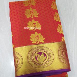 Annam and Lotus Mango Design Kanchi Gift Silk Sarees Crimson Red Color