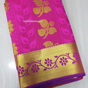 Kanchi Gift Silk Leaves Design Sarees Hot Pink Color