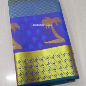 Kanchi Gift Silk Sarees Coconut Tree Design Ocean Blue Color