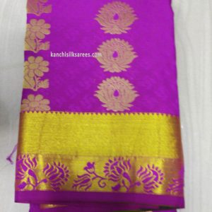 Trendy Kanchipuram Silk Gift Sarees Lotus Flower Design Purple Color