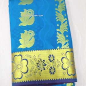 Flower Design Kanchipuram Silk Gift Sarees Sky Blue w/ Dark Blue Border Color