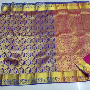 Traditional Kanchi Pure Silk Sarees Leaves and Flower Design Berry Blue w/ Pink Color