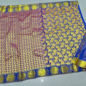 Traditional Design Kanchi Pure Silk Economy Wedding Sarees Blue and Gold Color