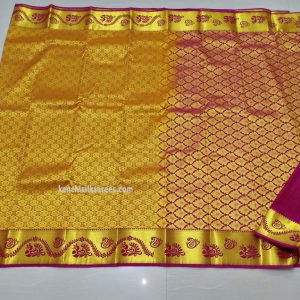 Kanchi Pure Silk Sarees Peacock and Mango Design Canary Yellow w/ Magenta Color