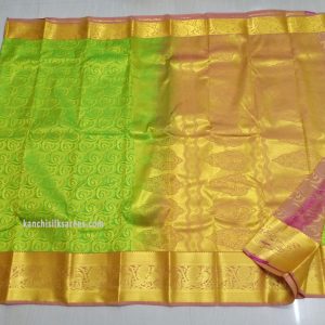 Kanchi Pure Silk Sarees Peacock and Flower Design Chartreuse Green Color