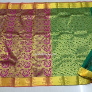 Full Mango Flower Design Kanchi Pure Silk Sarees Magenta w/ Green Color