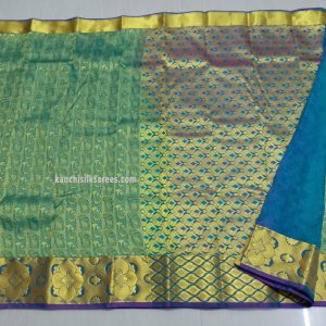 Mango Leaves Design Kanchipuram Pure Silk Sarees Ocean Green w/ Ink Blue Color