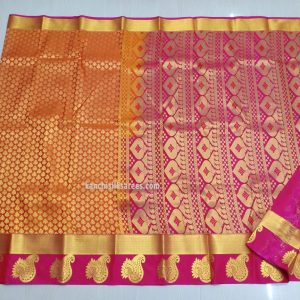 Mango and Flower Design Kanjivaram Pure Silk Sarees Orange w/ Magenta Color
