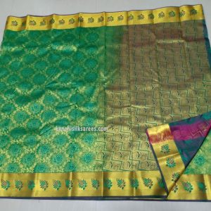 Kanjivaram Pure Silk Sarees Lotus Flower Design Peacock Green Color