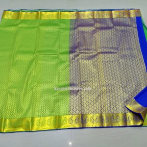 Kanjivaram Pure Silk Economy Wedding Sarees Full Small Mango Design Pear Green w/ Admiral Blue Color