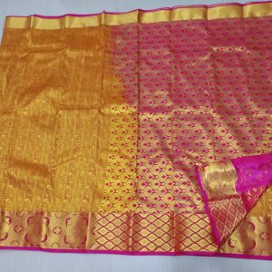 Traditionalwear Kanchipuram Pure Silk Sarees Mango and Leaves Design Yellow w/ Pink Color
