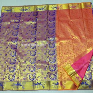 Mango Zari Work Design Kanchi Pure Silk Economy Wedding Sarees Azure Blue w/ Rose Color