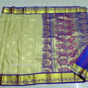 Trendy Kanchi Pure Silk Sarees Flower Design Frost White w/ Ink Blue Color