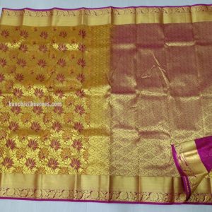 Kanchipuram Pure Silk Sarees Lotus Flower Design Gold Yellow w/ Magenta Color