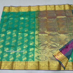 Kanchipuram Pure Silk Sarees Rose Flower Design Green Color