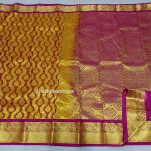 Amazing Design Kanchipuram Pure Silk Sarees Honey w/ Magenta Color