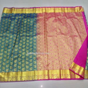 Kanchi Pure Silk Sarees Leaves Design Ocean w/ Pink Color