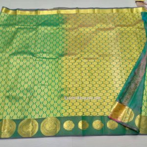 Peacock Flower Design Kanchipuram Pure Silk Sarees Ocean Green Color