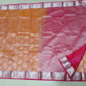 Amazing Design Kanchipuram Pure Silk Sarees Tiger Orange w/ Dark Rose Color
