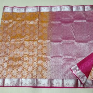 Trendy Full White Zari Work Kanchipuram Pure Silk Sarees Mango Design Tiger Orange w/ Magenta Color