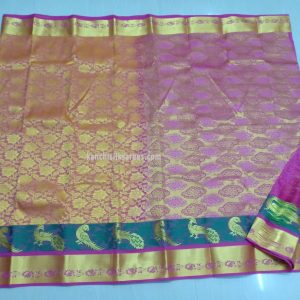Peacock and Parrot Design Kanjivaram Pure Silk Sarees Tangerine Orange w/ Magenta Color