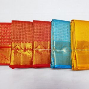Kanchi Silk Saree Bridal Collection Checks Full Jari Work (Red / Chilli Red / Pink / Ramar Blue / Yellow)