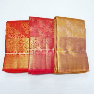 Full Gold Checks Jari Work Kanchipuram Bridal Collection Pattu Silk Sarees (Chilli Red / Pink / Golden Yellow)