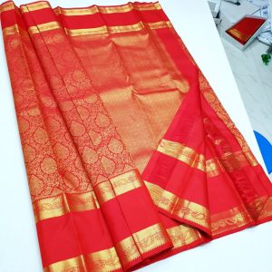 New Mango and Flower Design Kanchi Silk Saree Bridal Collection Full Jari Work Chilli Red Color