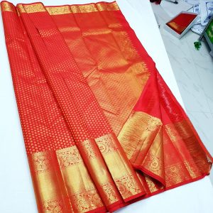 Kanjivaram Pure Silk Saree Small Flower Design Full Jari Work Bridal Collection Chilli Red Color